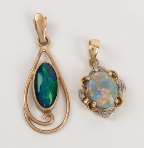 Two 9ct yellow gold pendants, both set with opals, one also with diamonds, the larger 3cm high overall, 2.6 grams total