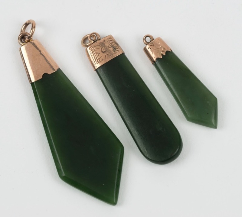 Three antique rose gold and New Zealand greenstone fobs, 19th century, ​​​​​​​the largest 6cm high