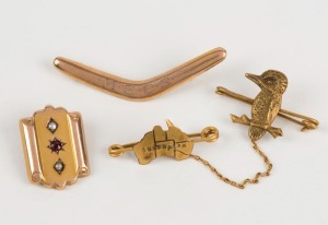 An antique Australian 9ct gold button, set with seed pearls and red stone; a 9ct gold boomerang brooch (missing clasp), and an Australiana brooch, 19th/20th century, (3 items), ​​​​​​​the boomerang 4.5cm wide, 5.6 grams total