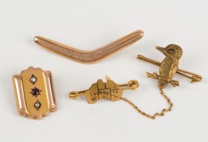 An antique Australian 9ct gold button, set with seed pearls and red stone; a 9ct gold boomerang brooch (missing clasp), and an Australiana brooch, 19th/20th century, (3 items), the boomerang 4.5cm wide, 5.6 grams total