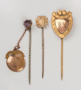 Three antique 9ct yellow gold stick pins, 19th/20th century, the largest 6.5cm long, 5.1 grams total
