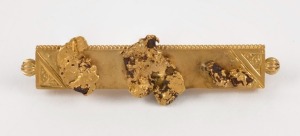 DUGGAN & SHAPPERE  Colonial 15ct yellow gold bar brooch set with three gold nugget specimens, 19th century, ​​​​​​​5cm wide, 6.9 grams