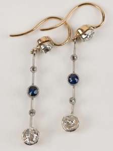 A fine pair of antique drop earrings, yellow and white gold set with sapphires and diamonds, 19th/20th century, 4cm high each overall