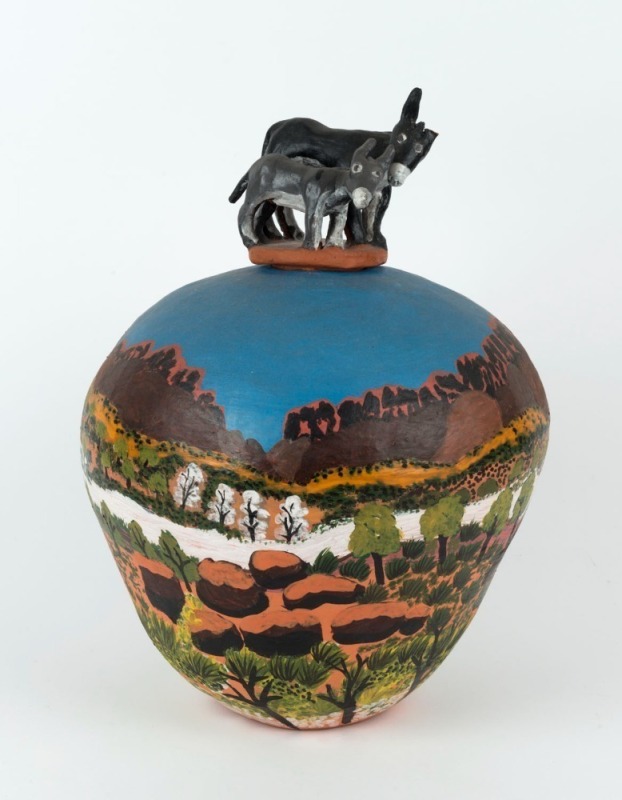 HERMANNSBURG SCHOOL hand-painted pottery vase with donkey lid, by ERENE ENTATA founding member of the Hermannsburg Pottery 41cm high