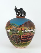 HERMANNSBURG SCHOOL hand-painted pottery vase with donkey lid, by ERENE ENTATA founding member of the Hermannsburg Pottery 41cm high - 3