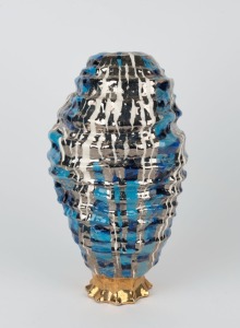 PETER COOLEY, "Wentworth Falls 7", hand-built studio pottery vase with blue glazed landscape design, 38cm high