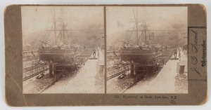 CAPTAIN SCOTT'S SHIP 'THE DISCOVERY': Stereo Card showing 'The Discovery in Dock, Lyttleton, N.Z.', photographer 'J.G. Lamb, Clare Road, St Albans, Christchurch', circa October-November 1901. 