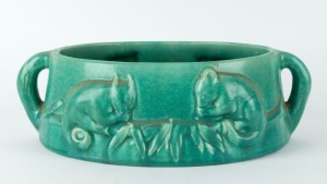 MELROSE WARE "Possum" trough with green glaze, stamped "Melrose Ware, Australian", 11cm high, 35cm wide