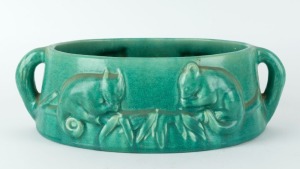 MELROSE WARE "Possum" trough with green glaze, stamped "Melrose Ware, Australian", ​​​​​​​11cm high, 35cm wide