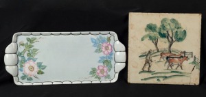 ANNE MITCHELL hand-painted porcelain tray, together with a ceramic tile, (2 items), the tray signed "Anne F. Mitchell, ​​​​​​​26cm wide