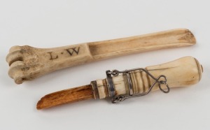 Two antique whalebone apple corers, early to mid 19th century, one with silver mounts,  ​​​​​​​12cm and 14,5cm long