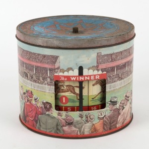 "THE WINNER" novelty horse racing biscuit tin by PEAK FREAN, mid 20th century, ​​​​​​​14cm high, 17cm diameter