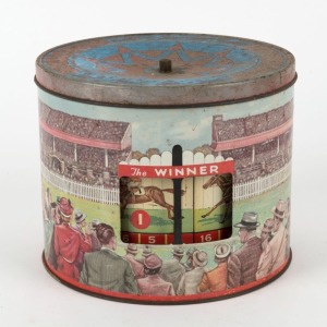 "THE WINNER" novelty horse racing biscuit tin by PEAK FREAN, mid 20th century, 14cm high, 17cm diameter
