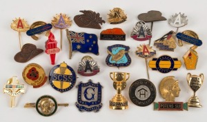 Assorted medals, pins and badges including "GOULD LEAGUE BIRD LOVER", "GARDINER CENTRAL SCHOOL" and military examples, (28 items)
