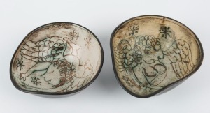 DAVID & HERMIA BOYD pair of pottery bowls decorated with sgraffito angels (note: one damaged and repaired), incised "D + H Boyd", 5cm high, 13cm wide