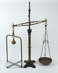 An impressive set of banker's antique gold scales, 19th century, ​​​​​​​110cm high