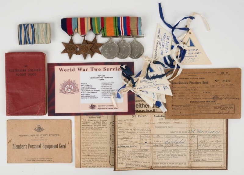 WW2 MEDAL GROUP OF SIX: 1939-45 Star; Africa Star; Pacific Star; Defence Medal 1939-45; War Medal 1939-45; Australia Service Medal 1939-45. VX9868 G.H. THOMPSON; the last 3 impressed. Display mounted. Accompanied by Member's Personal Equipment Card, Demob