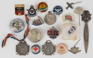 A small accumulation of badges, buttons, etc. incl. "Patriotic Carnival Burwood 1941", "Victoria ARP Warden", "R.A.N. Relief Fund", "Air Force Association", etc. (19 items).