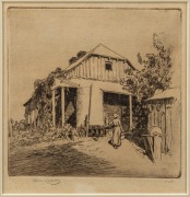 LIONEL LINDSAY (1874-1961), (house, water tank, lady), engraving, signed lower left "Lionel Lindsay", 18 x 17cm, 33 x 31cm overall