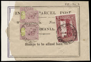1905 (Jan.12) usage of 6d Dilston Falls, perf.14 (SG.236) on a large part parcel label, together with 1/- rose & green Tablet pair, both tied by the Zeehan cds. Parcel label has been backed with thin card, fault to L stamp of the pair nevertheless a rare 