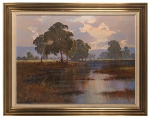 LEONARD LONG (1911-2013), Lagoon Reflections, Moruya, NSW, oil on board, signed lower left "Leonard Long", 75 x 100cm, 95 x 121cm overall