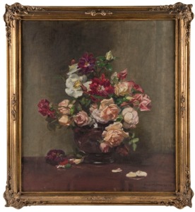 VIOLET McINNES (1892-1971), (floral still life), oil on canvas, signed lower right "Violet McInnes, 1938", in Thallon gilt frame, ​​​​​​​58 x 52cm, 69 x 63cm overall