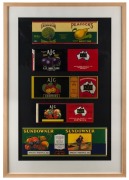 TASMANIAN canned fruit label framed display, attractively framed and mounted, ​​​​​​​89 x 61cm overall