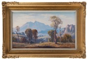 LEON HANSON (1918-2011), Gum Trees On The Mountain Ranges, oil on canvas board, signed lower left "Leon Hanson", 29 x 49cm, 44 x 64cm overall