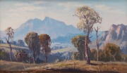 LEON HANSON (1918-2011), Gum Trees On The Mountain Ranges, oil on canvas board, signed lower left "Leon Hanson", 29 x 49cm, 44 x 64cm overall - 2