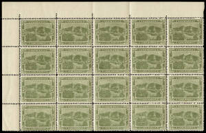 1905 (SG.249d) &frac12;d green Pictorial, perf. 12&frac12;,, wmk upright and inverted, top left cnr. block of 20. With major retouch below "I" of Tasmania, unit 3/2. Fine and fresh, 2 gum inclusions on unit 3/5. Cat. &pound;21 each.