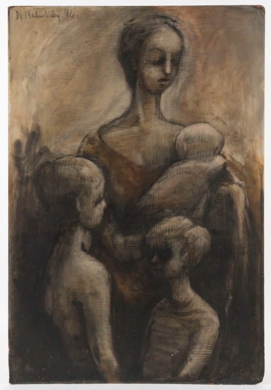 ARTIST UNKNOWN, (mother with children), oil on board, signed upper left (illegible) and dated 1964, 92 x 61cm