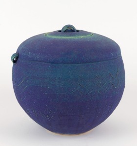 JANET DEBOOS blue glazed lidded pot, impressed monogram mark to base, 22cm high