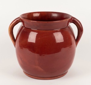 JOHN CAMPBELL burgundy glazed pottery vase with two handles (one repaired), incised "John Campbell, Tasmania", 22cm high, 28cm wide