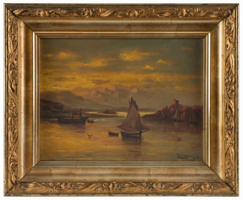 ARTIST UNKNOWN, harbour scene with distant mountains, oil on board, signed lower right "Long", 22 x 30cm, 34 x 42cm overall