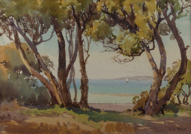 JOHN WILLIAM ROACH (1894 - 1973), The bright foreshore at Rye, watercolour, signed lower right, 27 x 38cm; framed 50 x 62.5cm overall. With dedication from the artist, verso, dated September 1930.