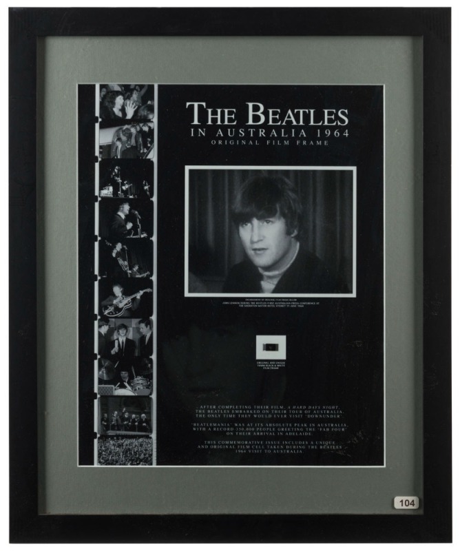 THE BEATLES IN AUSTRALIA 1964: - Original film Frames: Three displays, each with an original 16mm film frame, and an enlarged print of image: 'John Lennon During the Beatles First Australian Press Conference at the Sheraton Motor Hotel Sydney 11 June 1964