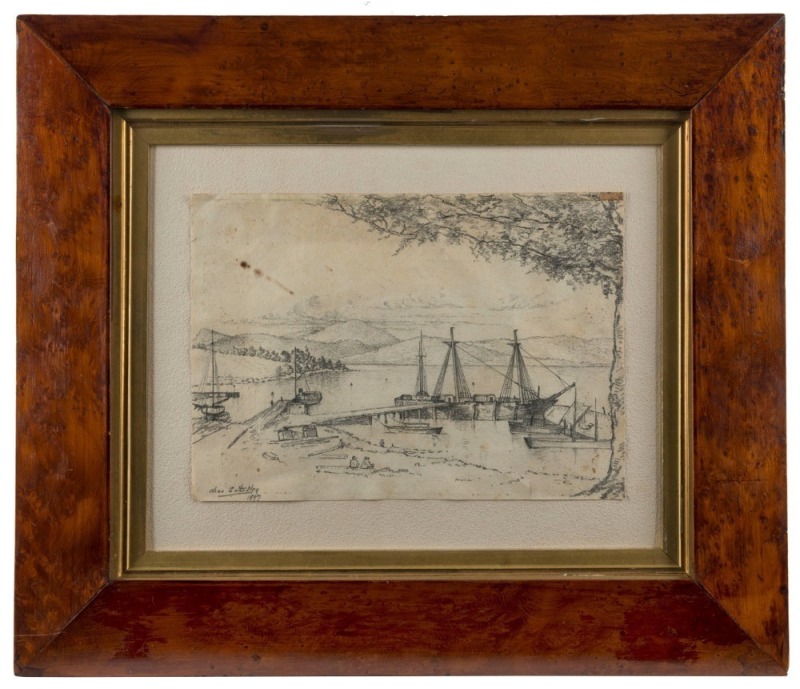 CHARLES ERNEST ASTLEY (1869-1929), (fishing boats, Tasmania), pencil sketch, signed lower left "Chas. E. Astley, 1897", housed in a fine antique Tasmanian huon pine frame with gilt slip, 18 x 24cm, 38 x 44cm overall