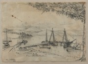 CHARLES ERNEST ASTLEY (1869-1929), (fishing boats, Tasmania), pencil sketch, signed lower left "Chas. E. Astley, 1897", housed in a fine antique Tasmanian huon pine frame with gilt slip, 18 x 24cm, 38 x 44cm overall - 2