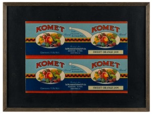 "KOMET, SWEET ORANGE JAM" pair of lithographed fruit labels, early 20th century, framed and mounted for display, ​​​​​​​29.5 x 39.5cm overall