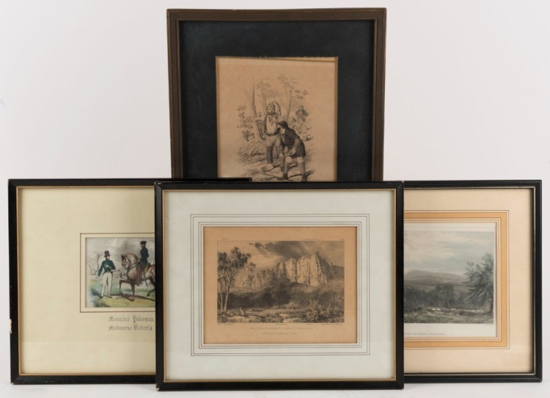 A group of individually framed etchings and lithographs including "Western Extremity of Mount Arapiles", "Marking the Claim", "Mount Macedon, Victoria" and one other. Mixed condition. (4 items).