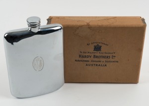 HARDY BROTHERS silver plated hip flask in original box, early 20th century, 18cm high