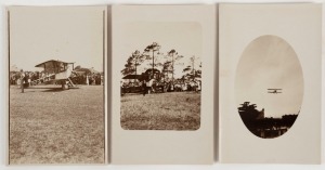 HARRY HAWKER FLIES AT ELSTERNWICK, FEBRUARY 1914 Three real photo postcards depicting "Hawker's Aeroplane" (on the ground at Elsternwick golfcourse); "Hawker descending over Elsternwick Hotel"; and, "Hawker and aeroplane at Elsternwick Golf Links, Februar