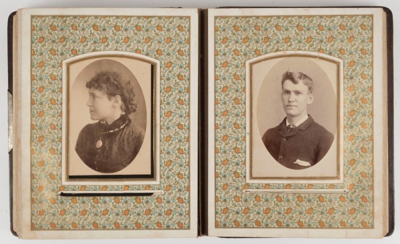 An old-time leather-bound photo album containing a range of cabinet-card and carte-de-visite size portraits; many Victorian photographers noted. (40+ images).