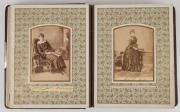 An old-time leather-bound photo album containing a range of cabinet-card and carte-de-visite size portraits; many Victorian photographers noted. (40+ images). - 2