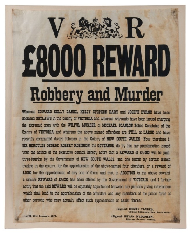 A replica poster on linen, offering £8000 reward for the apprehension of Edward Kelly, Daniel Kelly, Stephen Hart and Joseph Byrne; appears to be screen printed and "aged", 38 x 37cm.