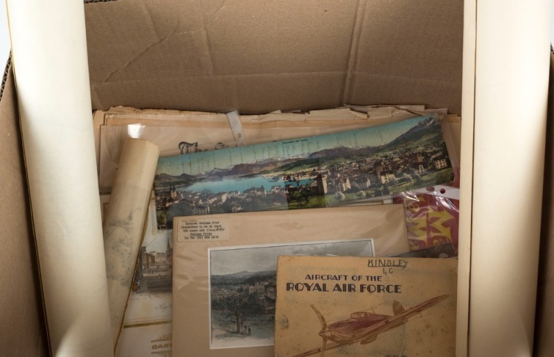 CARTON LOT: An accumulation of historic newspapers, cuttings, airline menus, postcards, various guides, prints, etc.