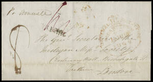 1834-1853 collection of entires bearing range of postal markings & handstamps. Noted 1834 entire Campbell - Hobart rated 6d, 1844 entire Hobart - London, rated 8d with fourth postmark for Hobart Town V.D.L, 1848 ship letter, mss "Per Oleandia" to the Trea