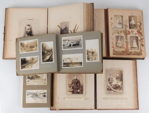 Three old-time leather-bound albums (somewhat distressed) with cartes-de-visite, cabinet cards and other types of photographs; also, a range of loose items and some in small later albums; 1870s-1920s. (300++).