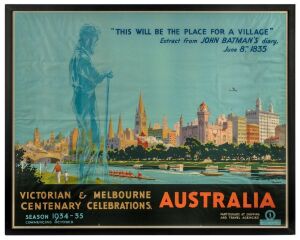 PERCY TROMPF [1902-1964], Victorian & Melbourne Centenary Celebrations, Australia., 1934, Colour lithograph, signed and with Australian National Travel Association logo in image at lower right, 50 x 63 cm.; framed 106 x 133cm overall.