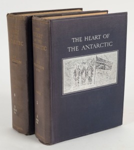 ERNEST SHACKLETON (1874-1922),The Heart of the Antarctic, [London: William Heinemann, 1909], first ed., 2 vols. thick quarto. Vol.I, 373 pp, complete, with sepia coloured frontispiece and 6 colour plates with captioned tissue-guards, 125 B&W photos and 11
